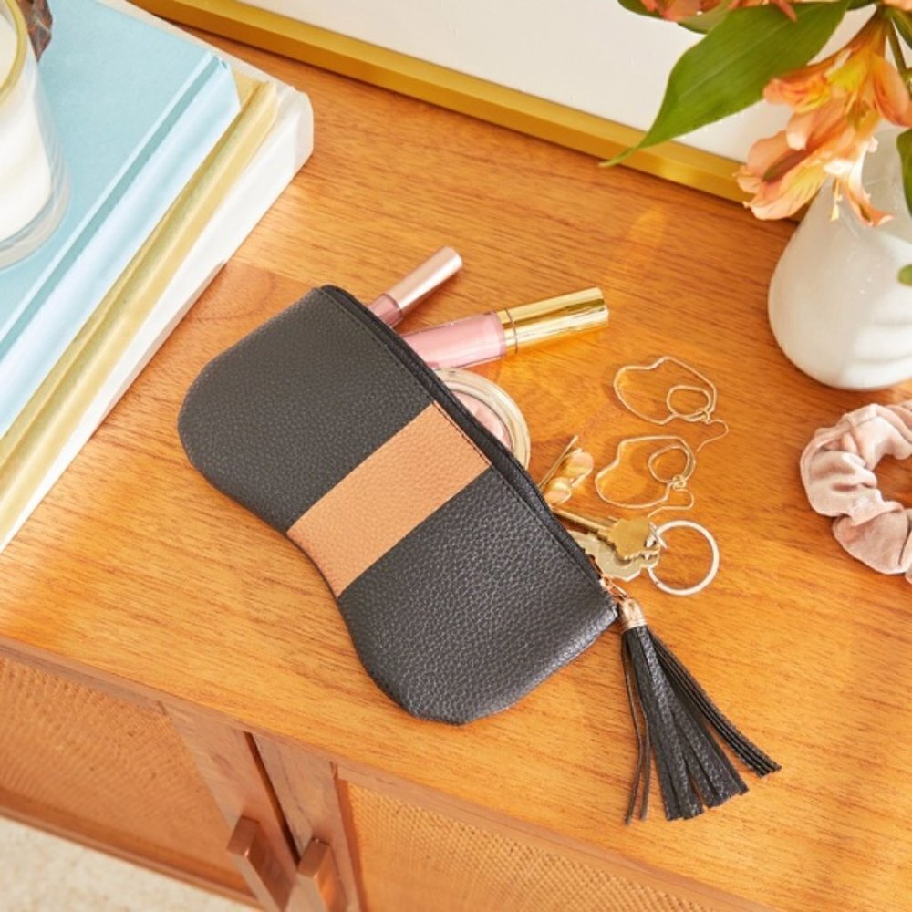 NEW Zigi & Marais Pouch Bag with Stripe Vegan Pebbled Leather Black Rose Gold - Picture 3 of 5